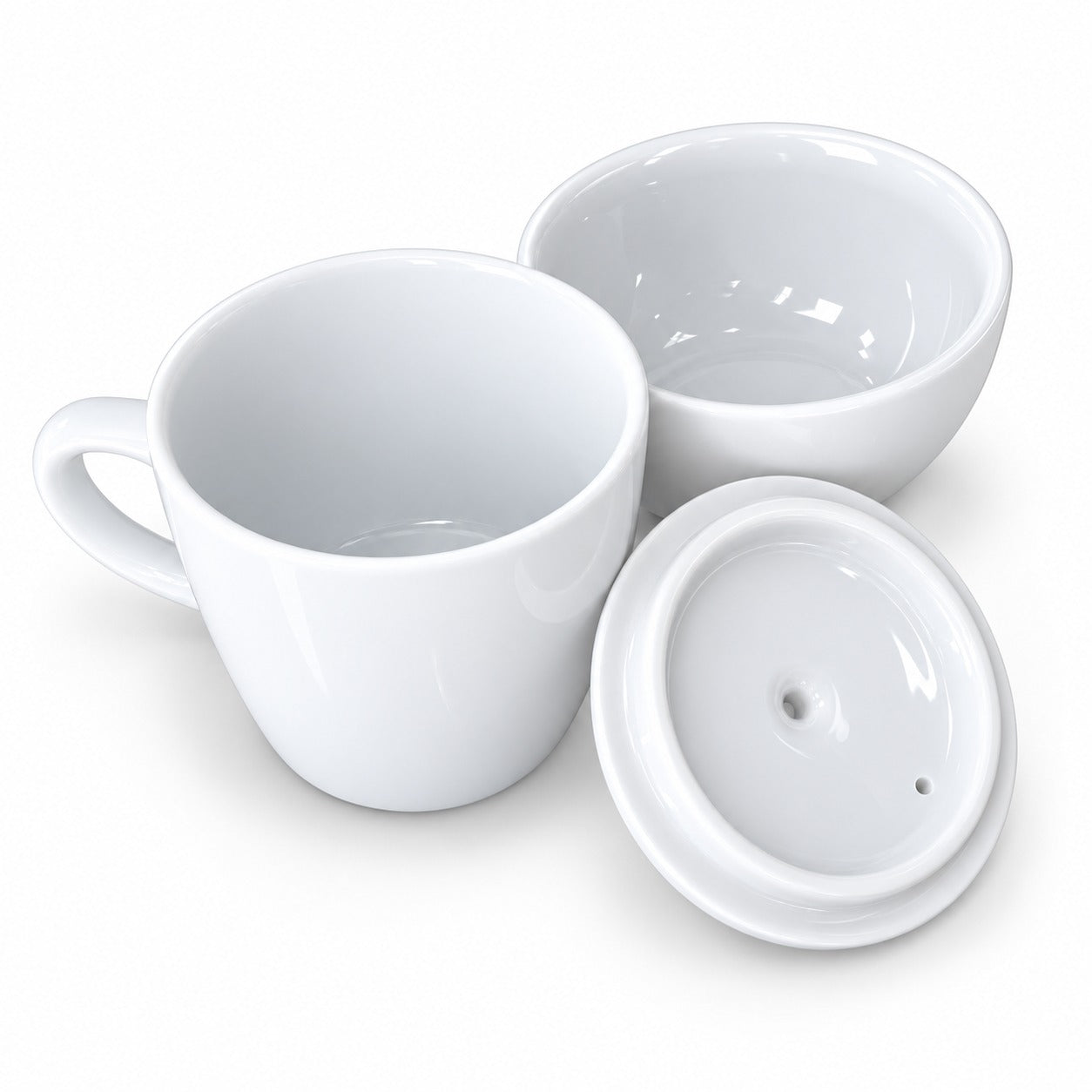 A white ceramic mug with a handle, shown alongside a matching white lid and an empty white bowl on a clean white background.