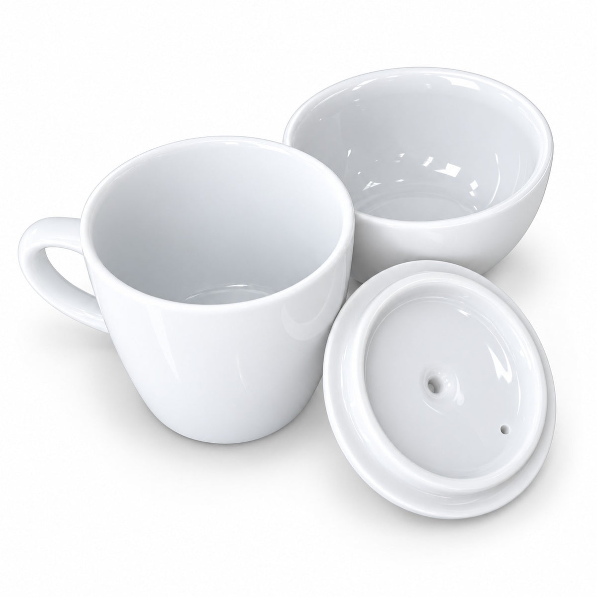 A white ceramic mug with a handle, shown alongside a matching white lid and an empty white bowl on a clean white background.