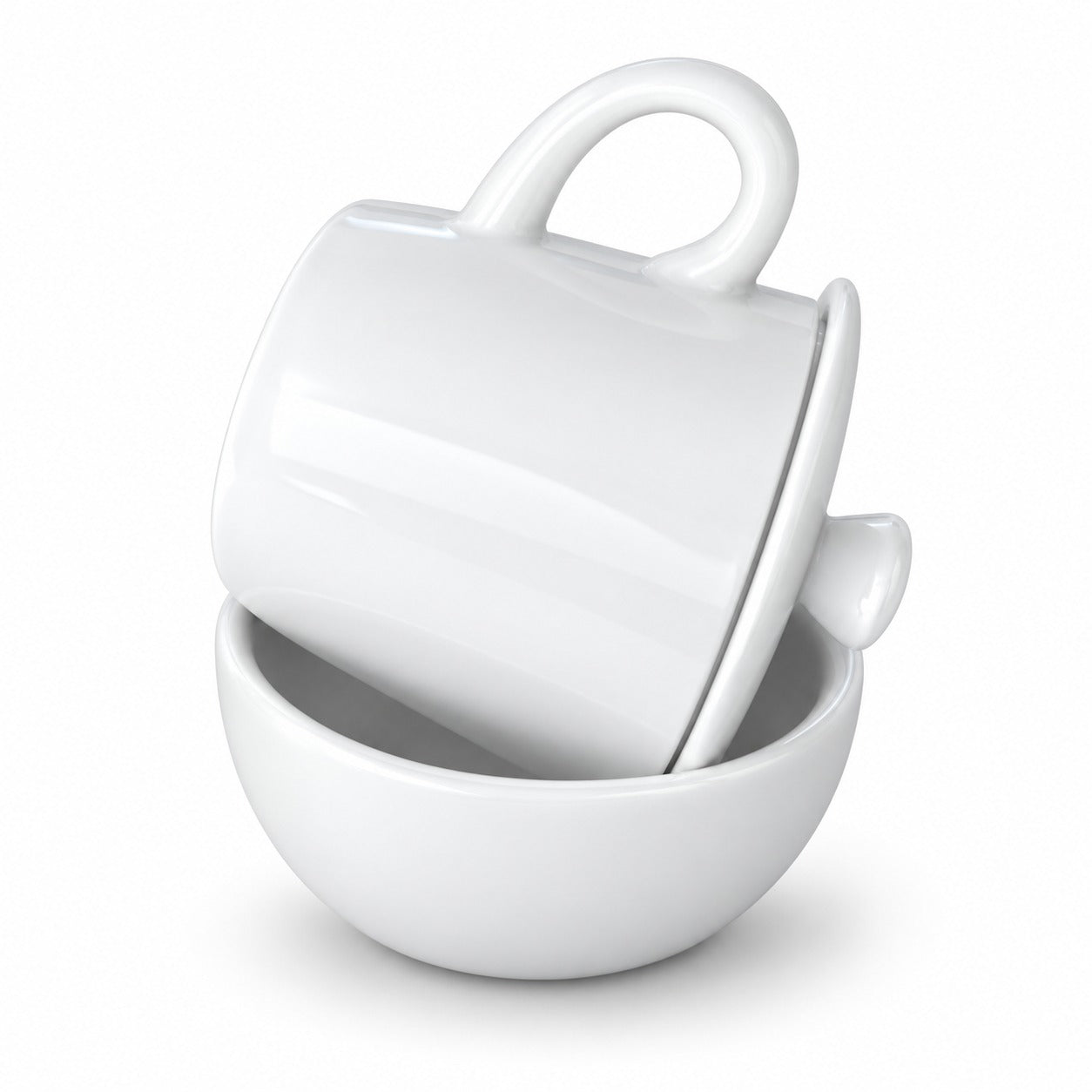 A glossy white ceramic mug with a matching lid resting inside a white ceramic bowl, photographed on a clean white background.